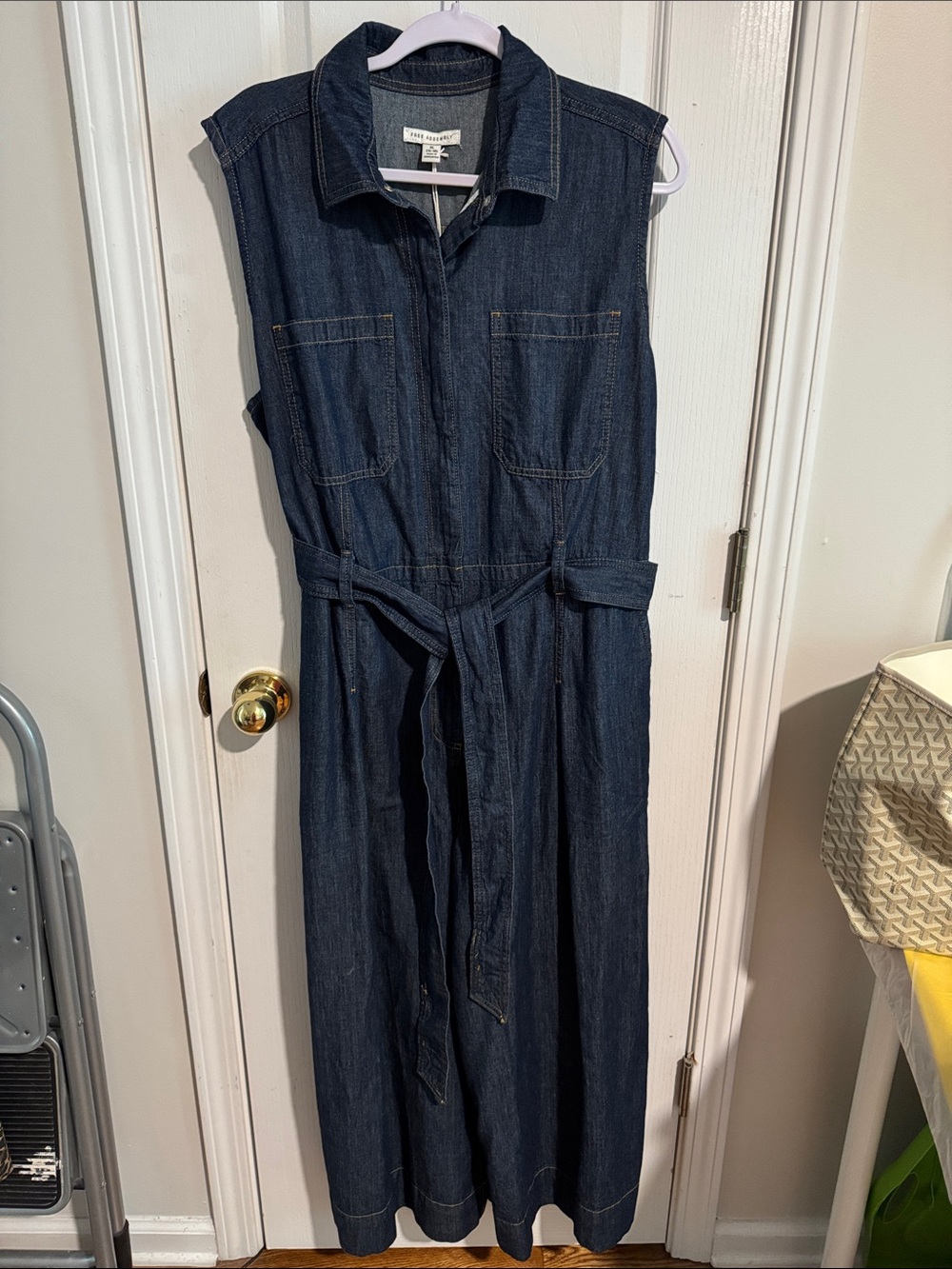 Sleeveless Dark Indigo Denim Wide-Leg Jumpsuit with Self-Tie Waist